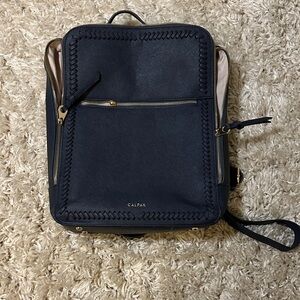 Calpak Kaya 15” Laptop Leather Backpack Navy Gold Zippers